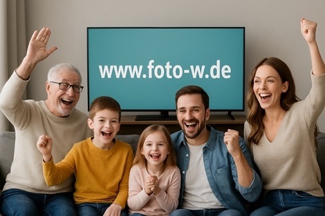 FOTO W - Familie jubelt vor dem Fernseher und dem Logo 